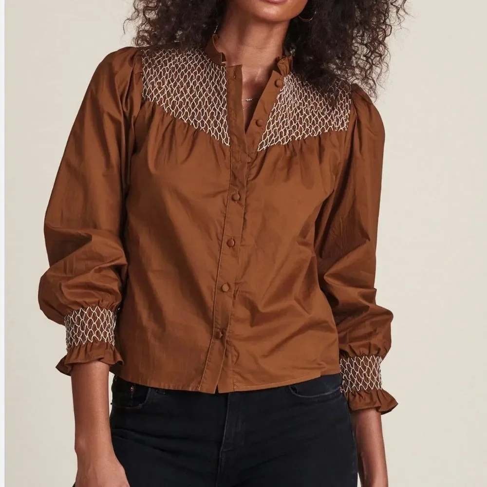 The Shirt Rochelle Behrens The Nicole Shirt Smocked Ruffle Blouse Top